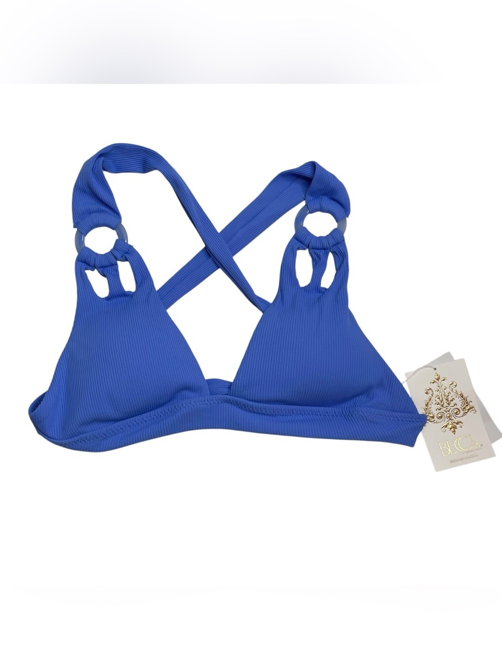 BECCA Modern Edge Color Code Halter Ring Bikini Top Cornflower Blue Medium New